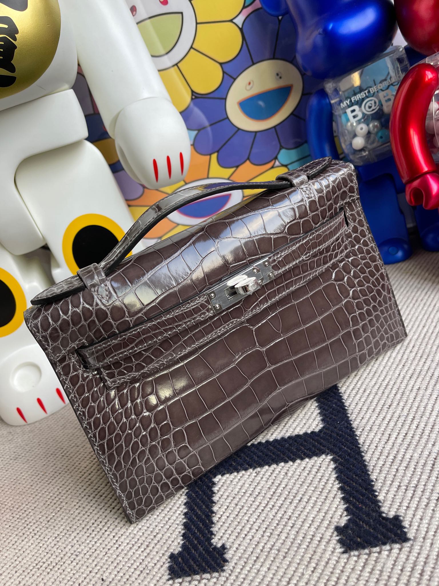 에르메스 켈리22 포쉐트 그레이 은장 샤이니 악어가죽